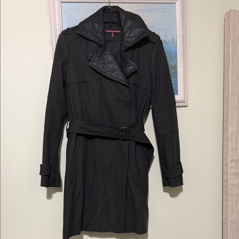 Comptoir Des Cotonniers gray green Trench Coat with leather Quilted Collar 42